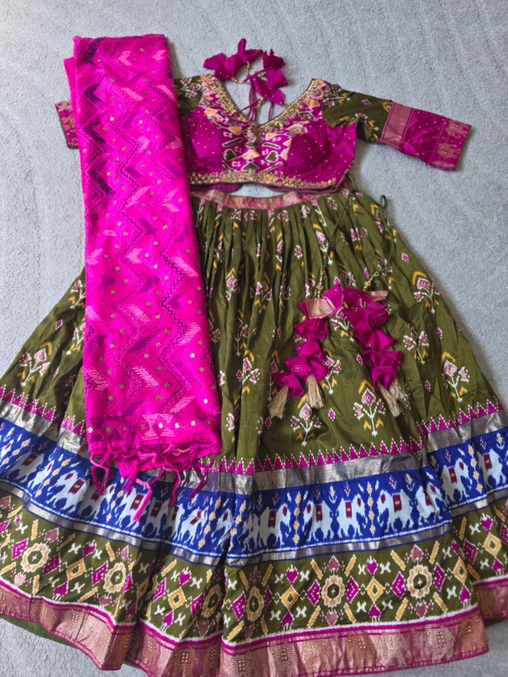 Designer Ikkat Patola Chaniya Choli Set Olive Green Pink Lehenga Wedding Sangeet